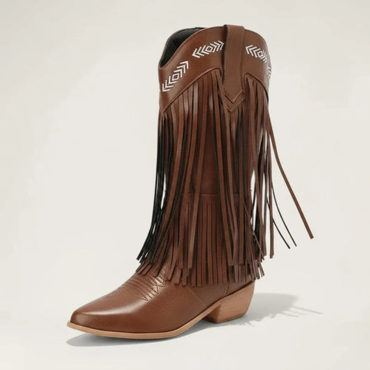 Yehaw Alejandra brown vegan leather mid-calf cowgirl boots with fringe detail and white embroidered stitching.