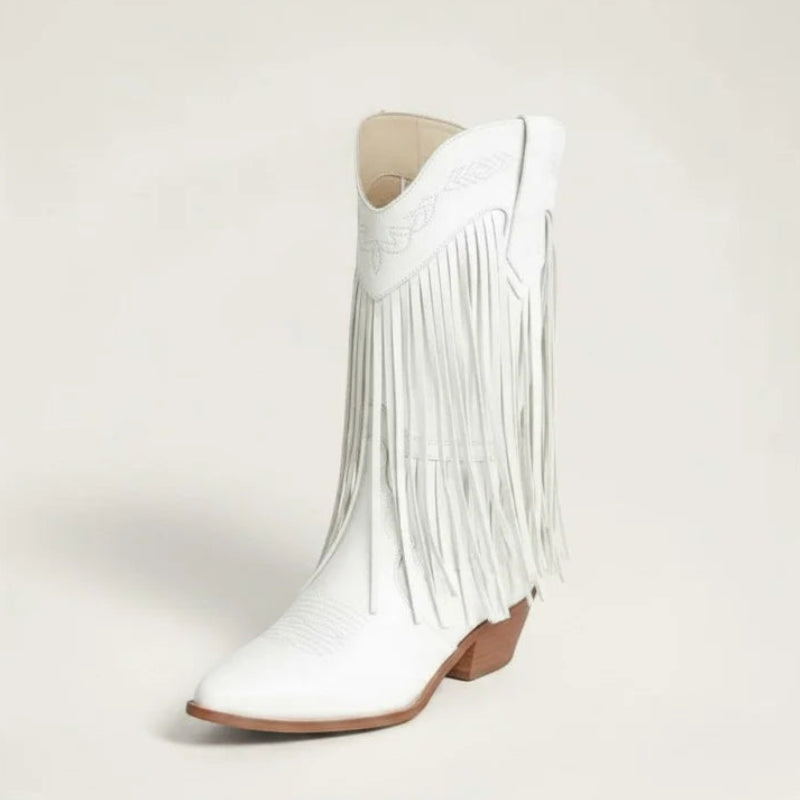 Yehaw Alejandra white vegan leather mid-calf cowgirl boots with pointed toe and fringe detailing