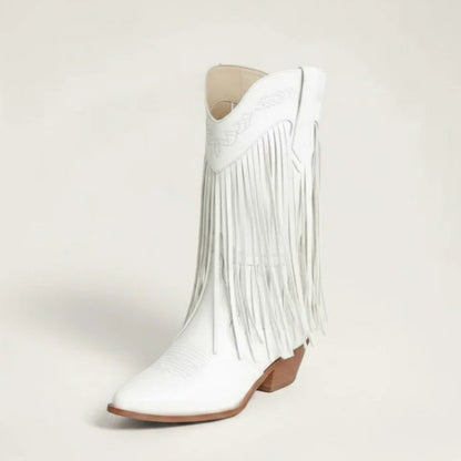 Yehaw Alejandra white vegan leather mid-calf cowgirl boots with pointed toe and fringe detailing