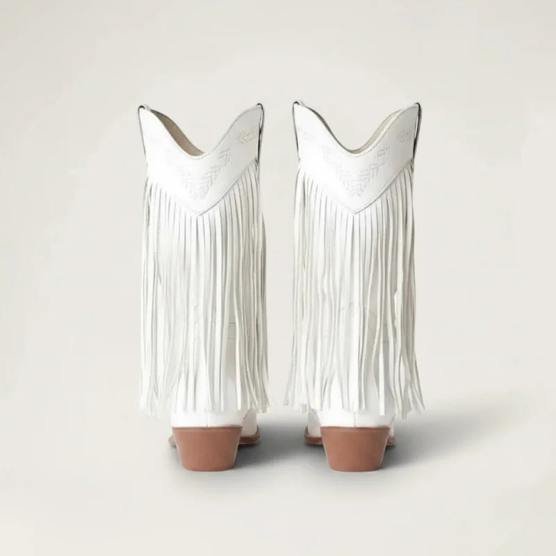 Yehaw Alejandra white vegan leather mid-calf cowgirl boots with fringe detail and pointed toe, back view
