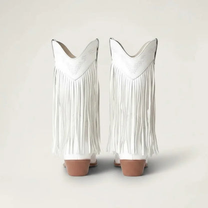 Yehaw Alejandra white vegan leather mid-calf cowgirl boots with fringe detail and pointed toe, back view