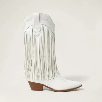 Yehaw Alejandra white vegan leather mid-calf cowgirl boots featuring long fringe detailing and a pointed toe.