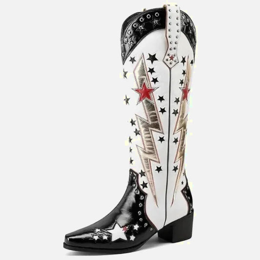 Chaussures santiag pour femme Amanda Yehaw en noir et blanc, avec design élégant et détails stylés.