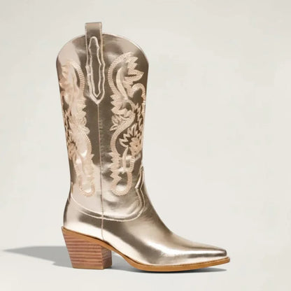 Yehaw ANNIE metallic gold western cowgirl boots with intricate embroidery and a stacked block heel
