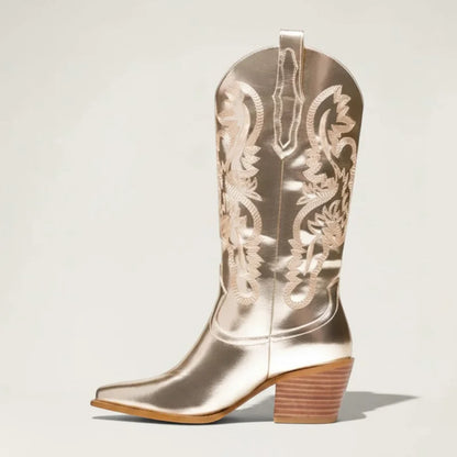 Yehaw ANNIE metallic gold western cowgirl boots with intricate embroidery and a stacked block heel.