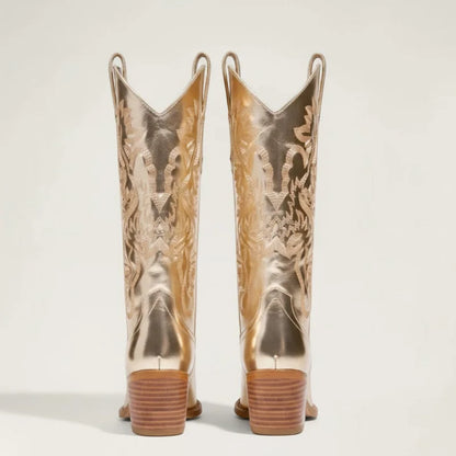 Yehaw ANNIE cowgirl boots in metallic gold with intricate western embroidery and a stacked wooden heel, back view