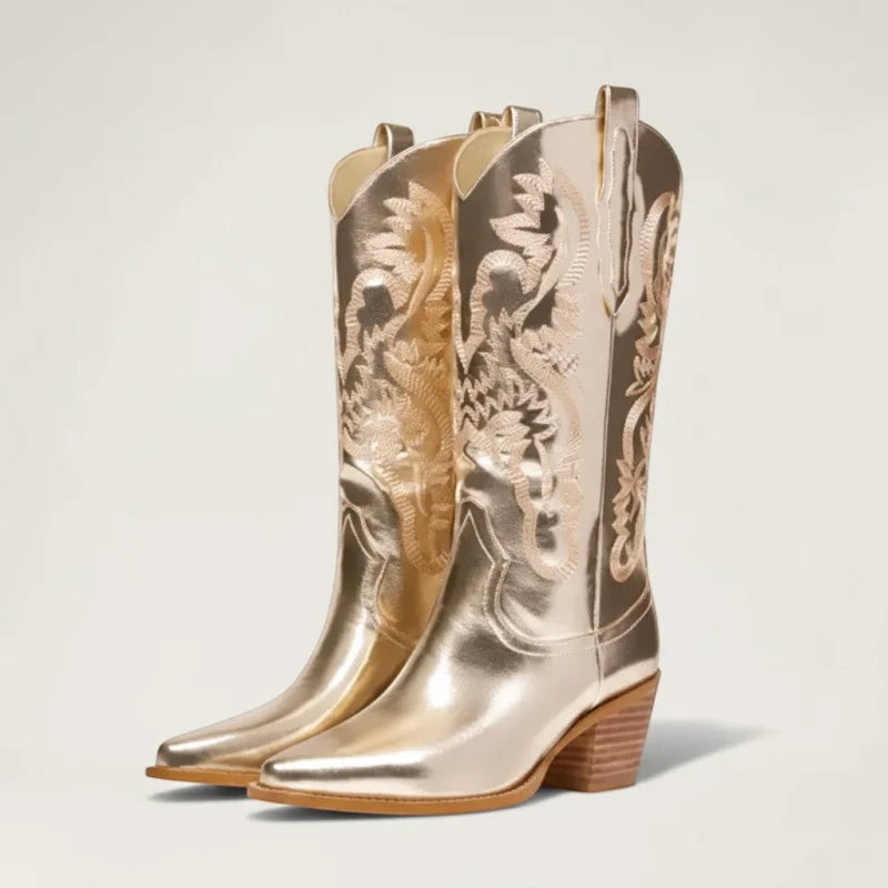 Yehaw ANNIE cowgirl boots in metallic gold vegan microfibre with intricate western embroidery and a medium heel.