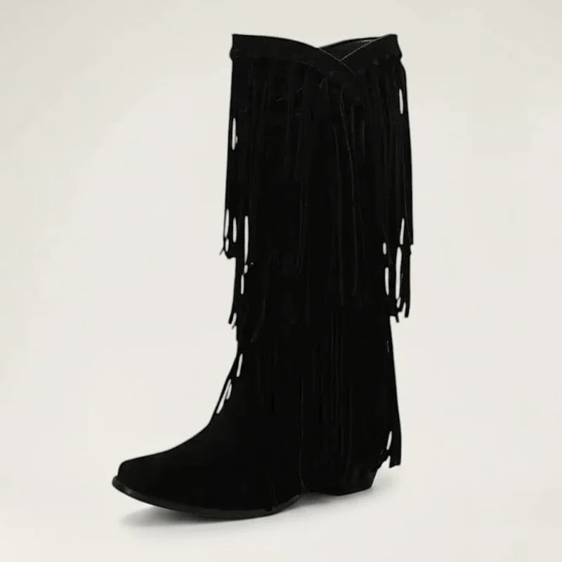 Yehaw black vegan suede mid-calf cowgirl boots featuring long fringe detailing and a pointed toe.