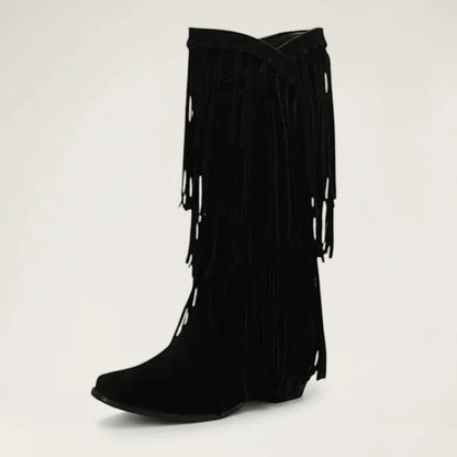 Yehaw black vegan suede mid-calf cowgirl boots featuring long fringe detailing and a pointed toe.
