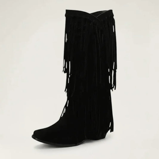 Yehaw black vegan suede mid-calf cowgirl boots featuring long fringe detailing and a pointed toe.