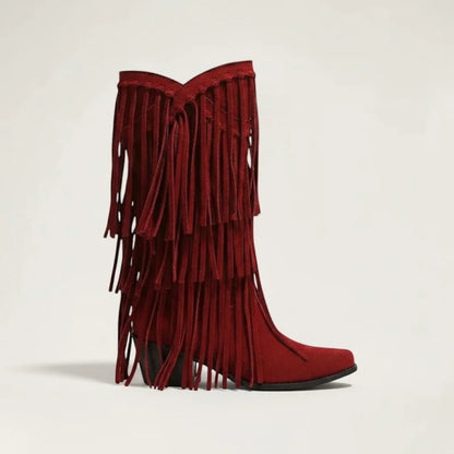 Yehaw red vegan suede mid-calf cowgirl boots with fringe detailing and a pointed toe.