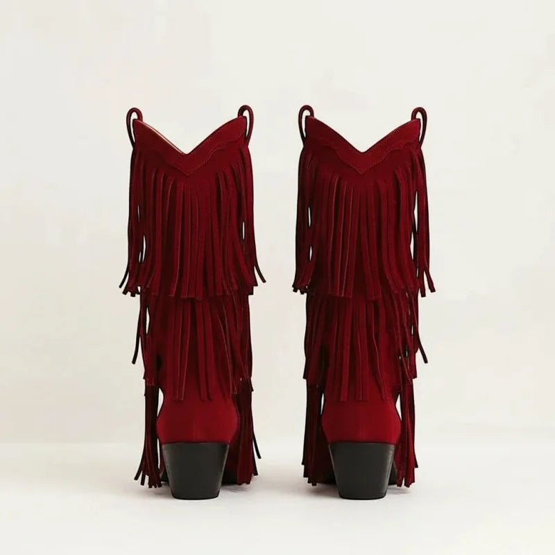 Yehaw red vegan suede mid-calf cowgirl boots with fringe detail and medium block heel, rear view