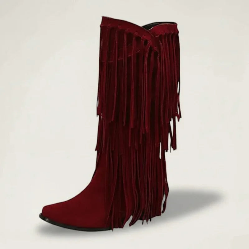 Yehaw red vegan suede mid-calf cowgirl boots with fringe detailing and a pointed toe.