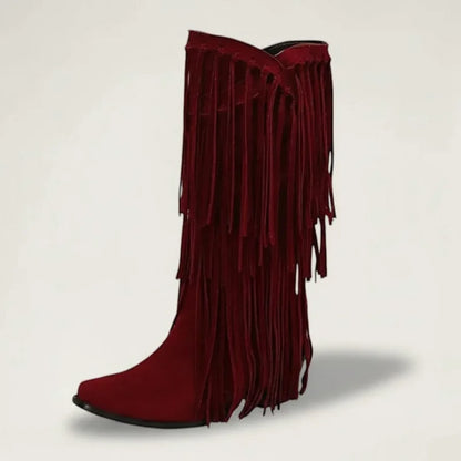 Yehaw red vegan suede mid-calf cowgirl boots with fringe detailing and a pointed toe.