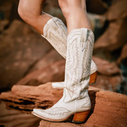Autumn and Winter Pointed Thick High Heels, Knee Length Embroidered Western Cowboy Boots, Sizes 35-46 Women's Mid Length Boots - Yehaw 