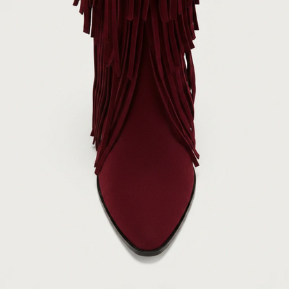 Yehaw red vegan suede mid-calf cowgirl boots with fringe detail and pointed toe