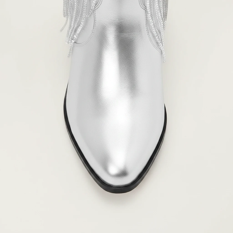 Yehaw TAMMIE silver vegan leather mid-calf cowgirl boots with pointed toe and decorative metallic fringe detailing