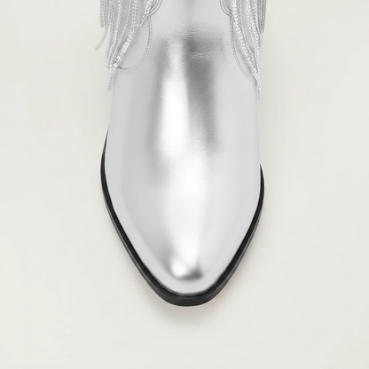 Yehaw TAMMIE silver vegan leather mid-calf cowgirl boots with pointed toe and decorative metallic fringe detailing