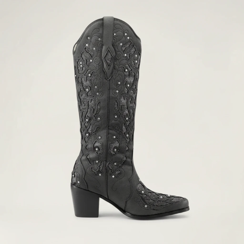 Yehaw BERNARDA black vegan leather mid-calf cowgirl boots with intricate embroidery and sparkling rhinestone details.