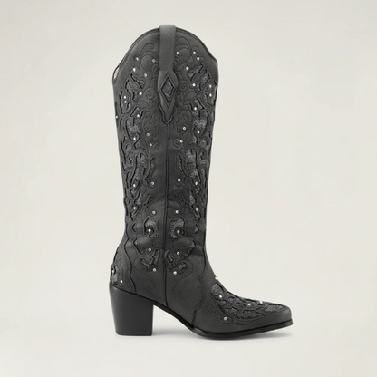 Yehaw BERNARDA black vegan leather mid-calf cowgirl boots with intricate embroidery and sparkling rhinestone details.