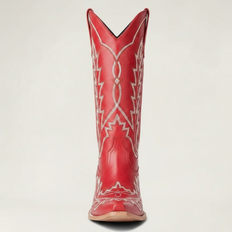 Yehaw SALLY red vegan leather mid-calf cowgirl boots with white western stitching and a square toe design.