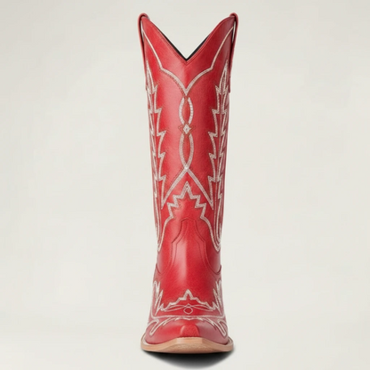 Yehaw SALLY red vegan leather mid-calf cowgirl boots with white western stitching and a square toe design.