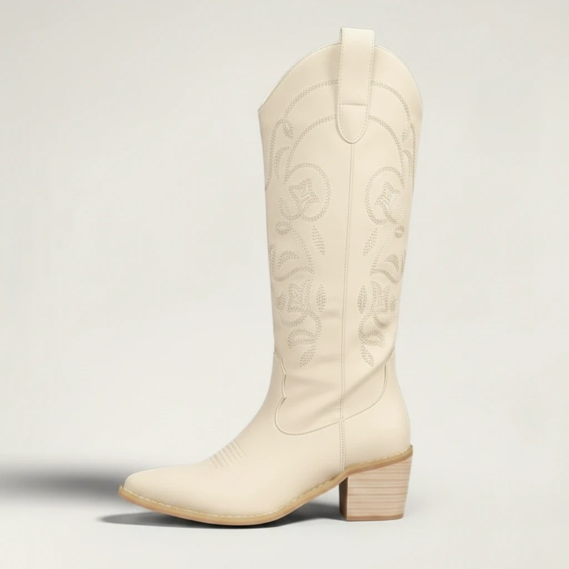 Yehaw beige vegan leather mid-calf cowgirl boots with pointed toe and western embroidery details