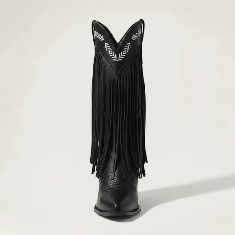 Yehaw black vegan leather mid-calf cowgirl boots with fringe detailing and white embroidered western patterns.