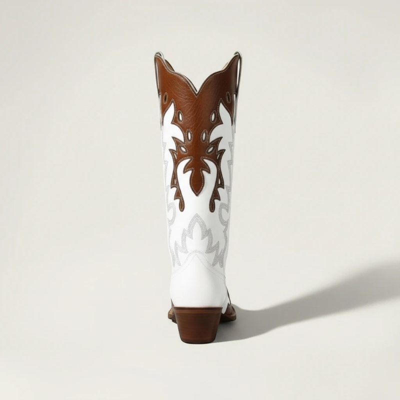 Yehaw PEARL mid-calf cowgirl boots in white and brown vegan leather with pointed toe and western embroidery