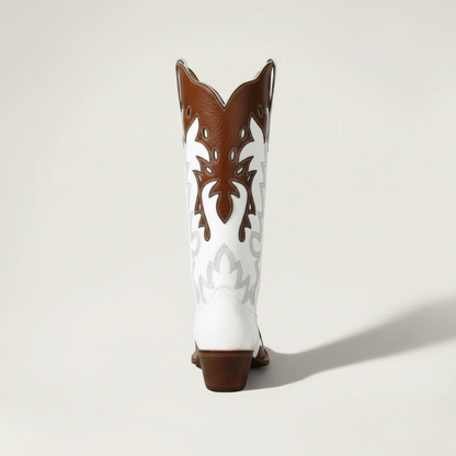 Yehaw PEARL mid-calf cowgirl boots in white and brown vegan leather with pointed toe and western embroidery