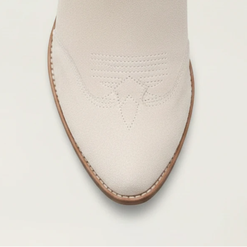 Yehaw beige vegan leather ankle cowgirl boots with a perforated shaft and a medium block heel.