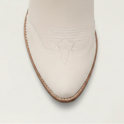 Yehaw beige vegan leather ankle cowgirl boots with a perforated shaft and a medium block heel.