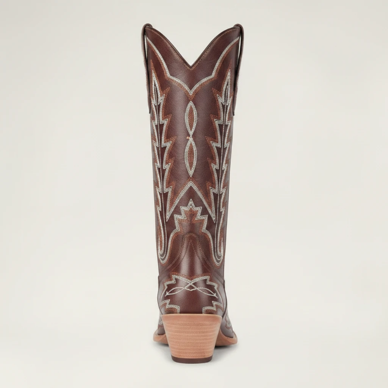Yehaw SALLY brown vegan leather mid-calf cowgirl boots with white western stitching and a square toe