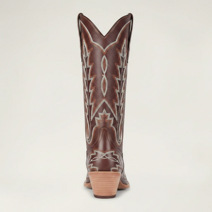 Yehaw SALLY brown vegan leather mid-calf cowgirl boots with white western stitching and a square toe