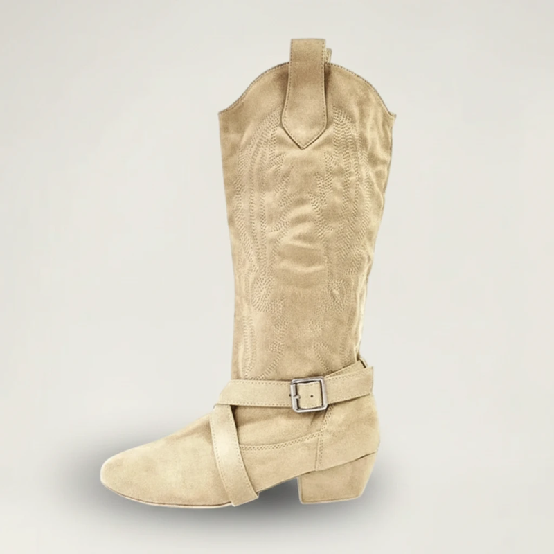 Yehaw beige vegan suede mid-calf cowgirl boots with a round toe, low heel, and decorative buckle strap detail.