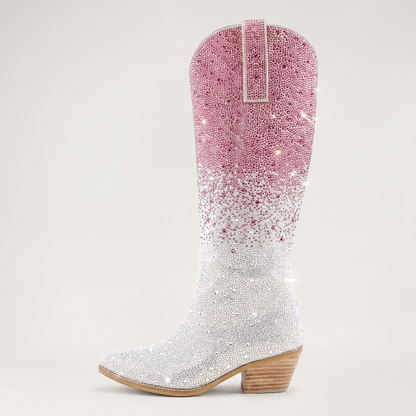 Yehaw knee-high vegan leather cowgirl boots with pink and silver rhinestones and a pointed toe.