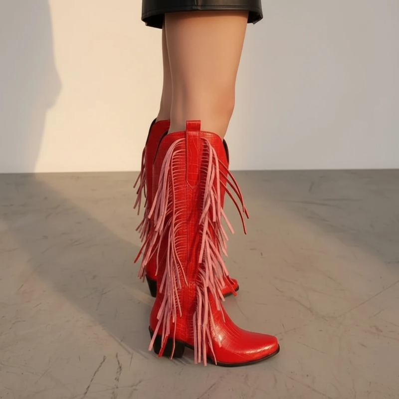 Yehaw red knee-high vegan leather cowgirl boots with fringe detail and square toe worn by a model
