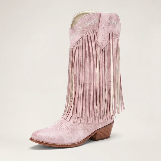 Yehaw pink vegan leather cowgirl boots with fringe and pointed toe, mid-calf height.