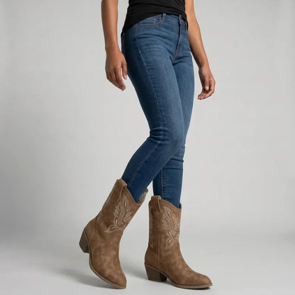 Yehaw BARBARA brown vegan suede ankle cowboy boots with embroidered detailing and medium heel.
