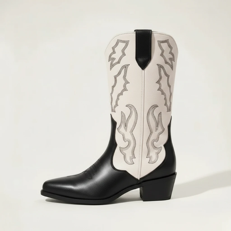 Yehaw DANIELA mid-calf vegan leather cowgirl boots in black and white with pointed toe and western embroidery