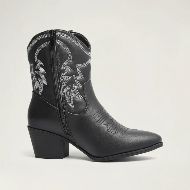 Yehaw CARMELA black vegan leather ankle cowgirl boots with white western embroidery, side zip, and medium block heel.