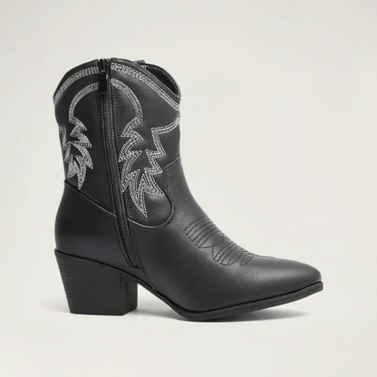 Yehaw CARMELA black vegan leather ankle cowgirl boots with white western embroidery, side zip, and medium block heel.