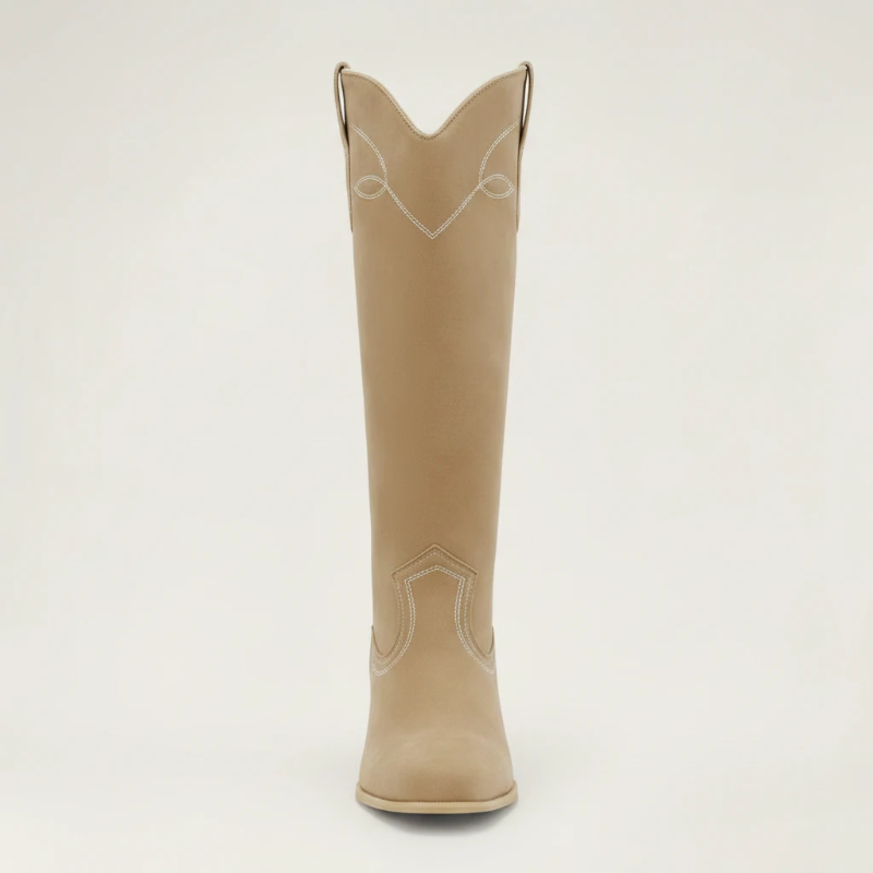 Yehaw VERA beige vegan suede mid-calf cowgirl boots with round toe and high block heel