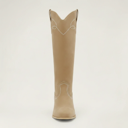 Yehaw VERA beige vegan suede mid-calf cowgirl boots with round toe and high block heel