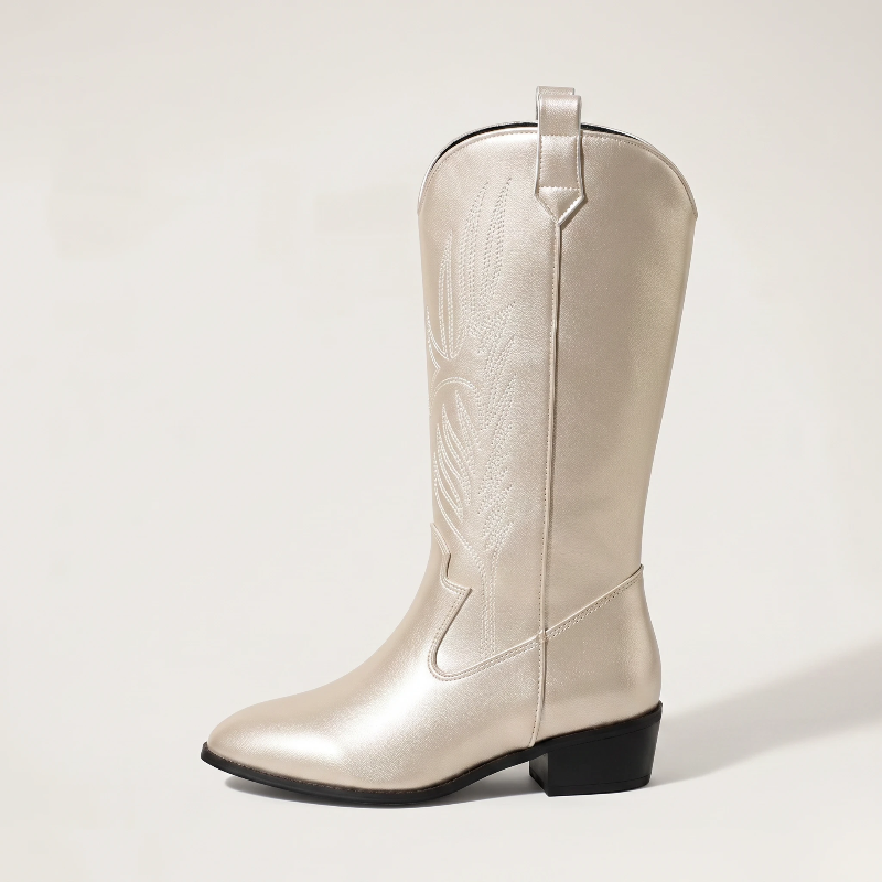 Yehaw gold vegan leather mid-calf cowgirl boots with pointed toe and white western embroidery stitching