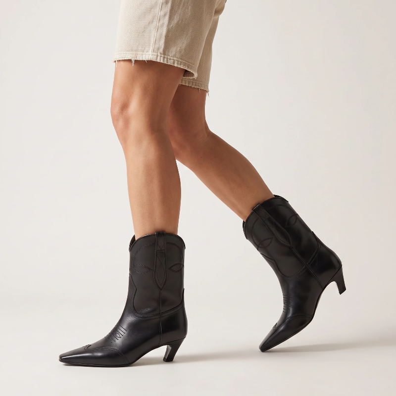 Yehaw BERTA black vegan leather ankle cowgirl boots with a square toe and medium heel for women.