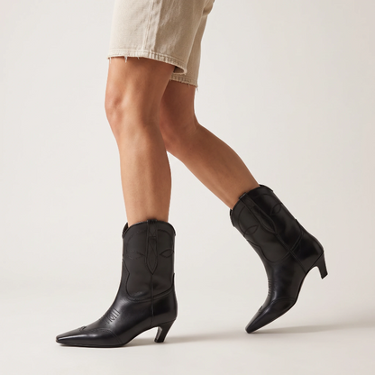 Yehaw BERTA black vegan leather ankle cowgirl boots with a square toe and medium heel for women.