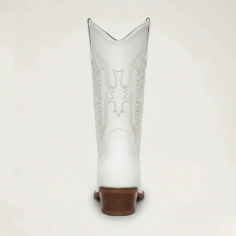 Yehaw Loretta white vegan leather mid-calf cowgirl boots with pointed toe and western embroidery detail