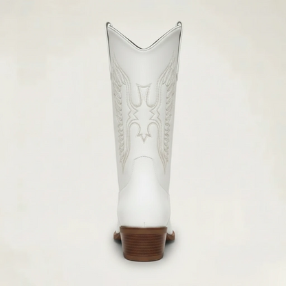Yehaw Loretta white vegan leather mid-calf cowgirl boots with pointed toe and western embroidery detail