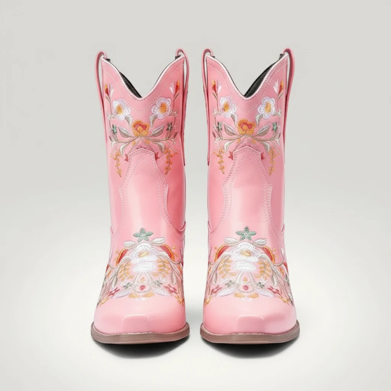 Yehaw pink vegan leather ankle cowgirl boots with pointed toes and colourful floral embroidery